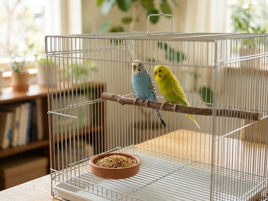 Budgerigars in a cage with seed — birds and bird supplies at Shree Swami Samarth Pets Shop, Ulhasnagar