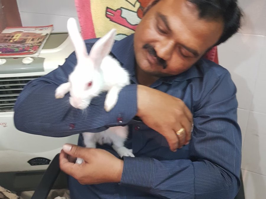 Dr. Sunil Y. Patil examining a rabbit at Shree Swami Samarth Pets Shop, Ulhasnagar